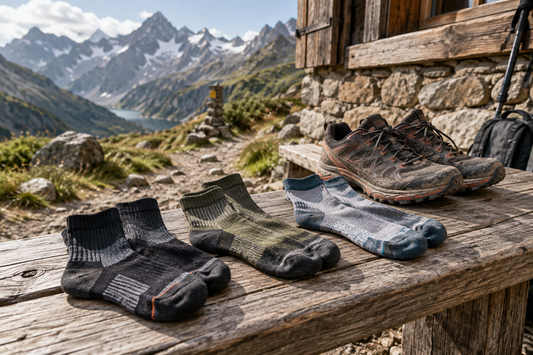 Calcetines técnicos de trail junto a zapatillas en un refugio de montaña