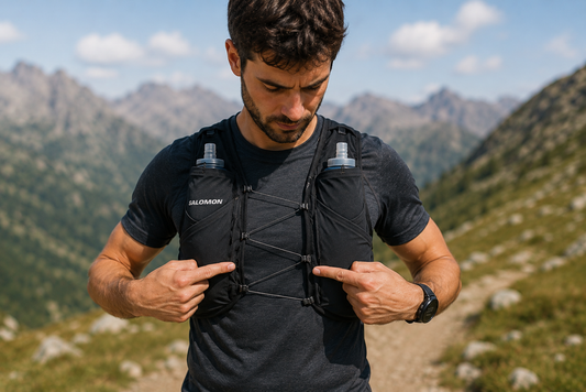 Corredor de trail running comprobando el ajuste y la talla correcta de un chaleco de hidratación Salomon antes de correr