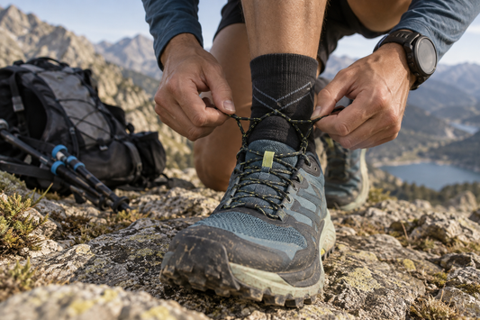 Corredor ajustando los cordones de una zapatilla de trail