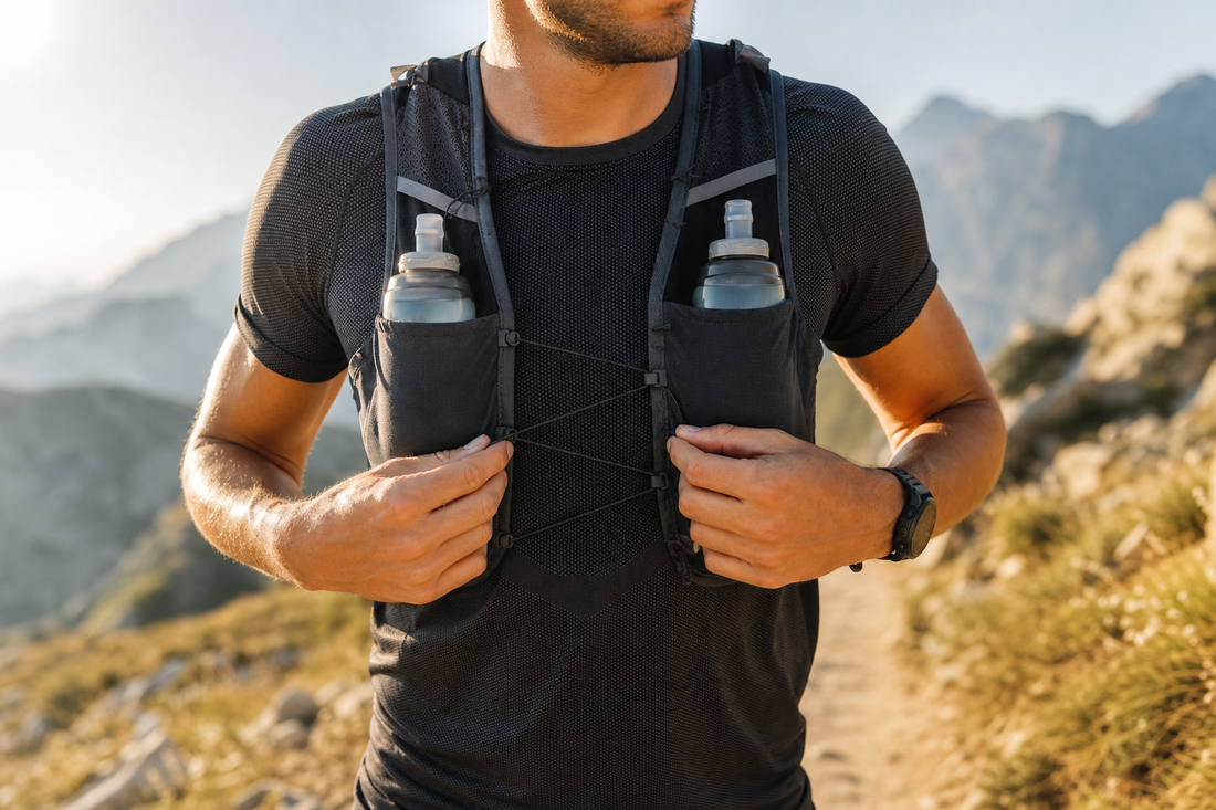 Corredor de trail running ajustando un chaleco de hidratación con dos soft flasks delanteros bien sujetos para evitar rebotes.