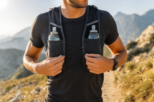 Corredor de trail running ajustando un chaleco de hidratación con dos soft flasks delanteros bien sujetos para evitar rebotes.