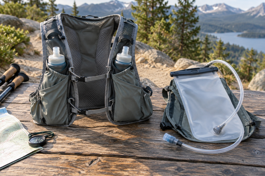 Chaleco con soft flasks frontales y depósito trasero con tubo