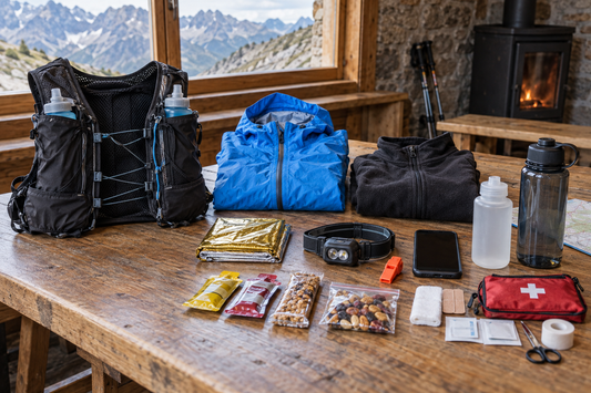 Material obligatorio de trail dispuesto junto a un chaleco