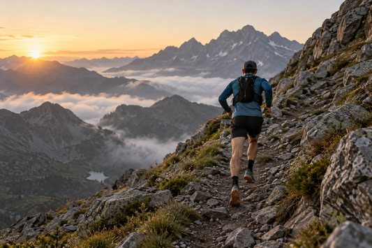 Corredor de trail ascendiendo por un sendero rocoso al amanecer