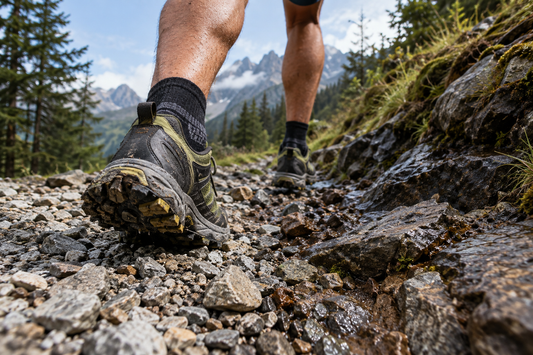 Zapatilla de trail con suela de agarre sobre terreno rocoso