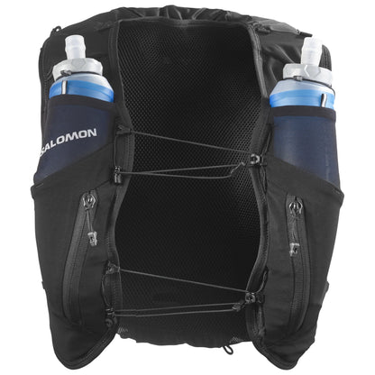 Chaleco de hidratación Salomon ADV Skin 12 para mujer negro, vista frontal con soft flasks colocadas