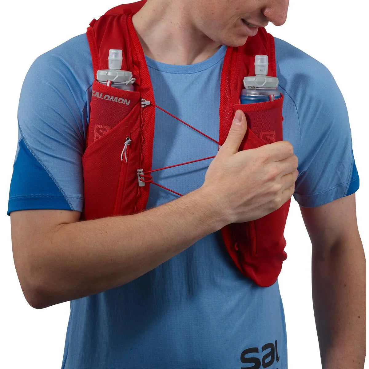 Chaleco de hidratación Salomon ADV Skin 12 Rojo, detalle del sistema de ajuste